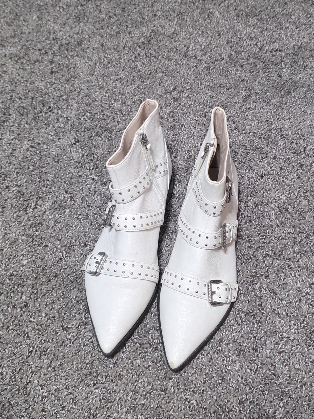 Nine West White Pointed Studded Buckle Ankle Booties